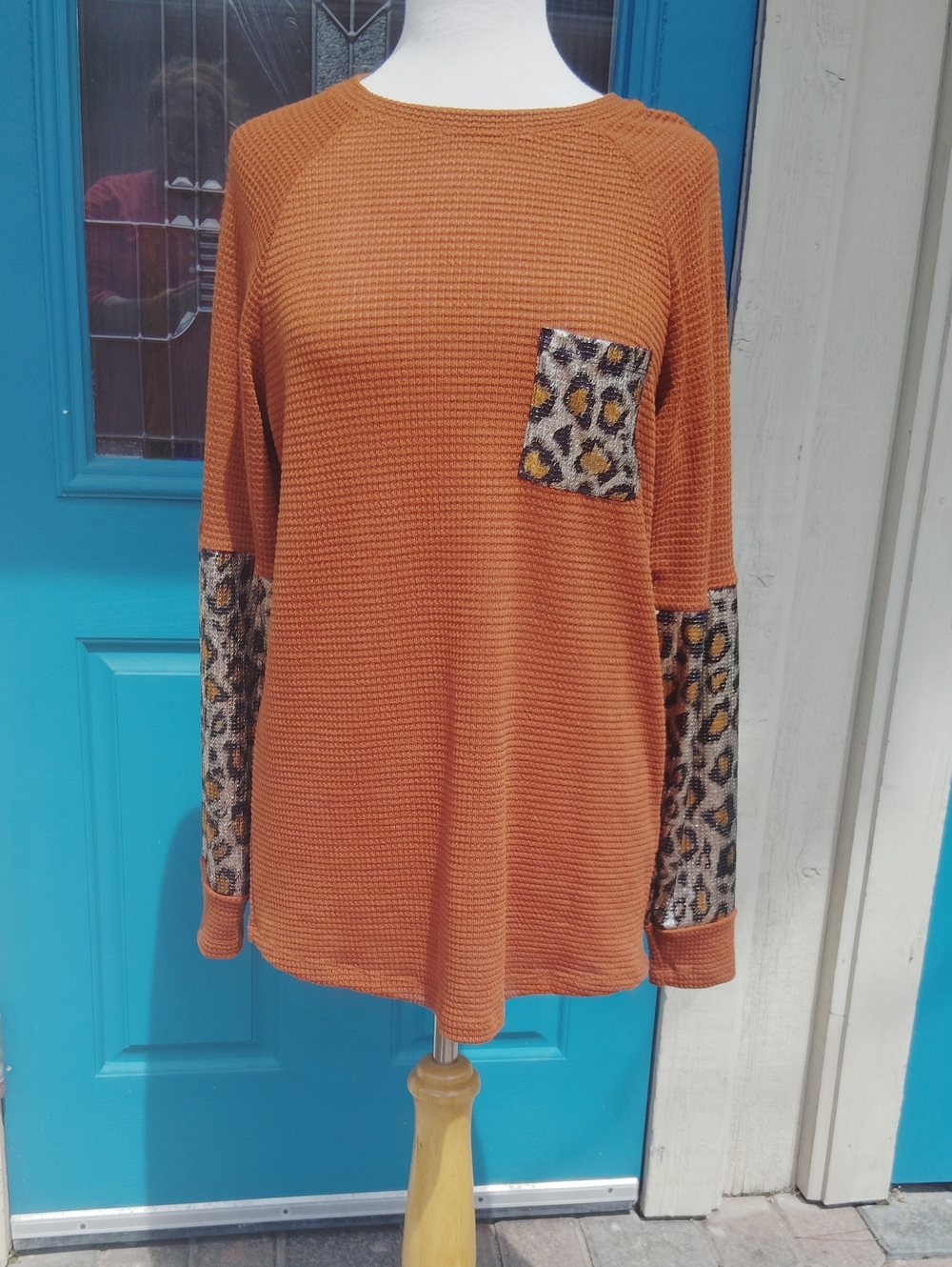 Women’s Rust Waffle Knit Top with Leopard Accent